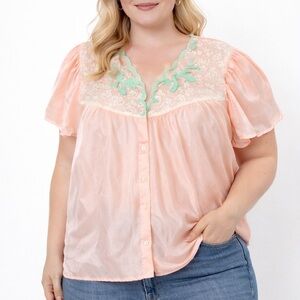 Vintage Ventura Pink Nylon Nightgown Top | Lace Yoke Mint Green Appliqué | 4X